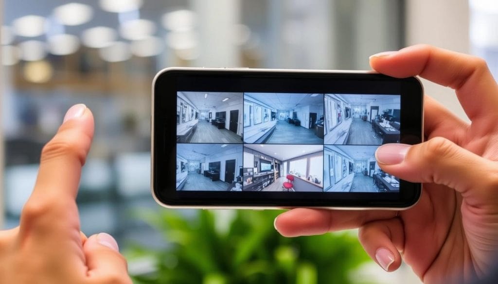 Business owner monitoring IP megapixel surveillance cameras remotely on smartphone