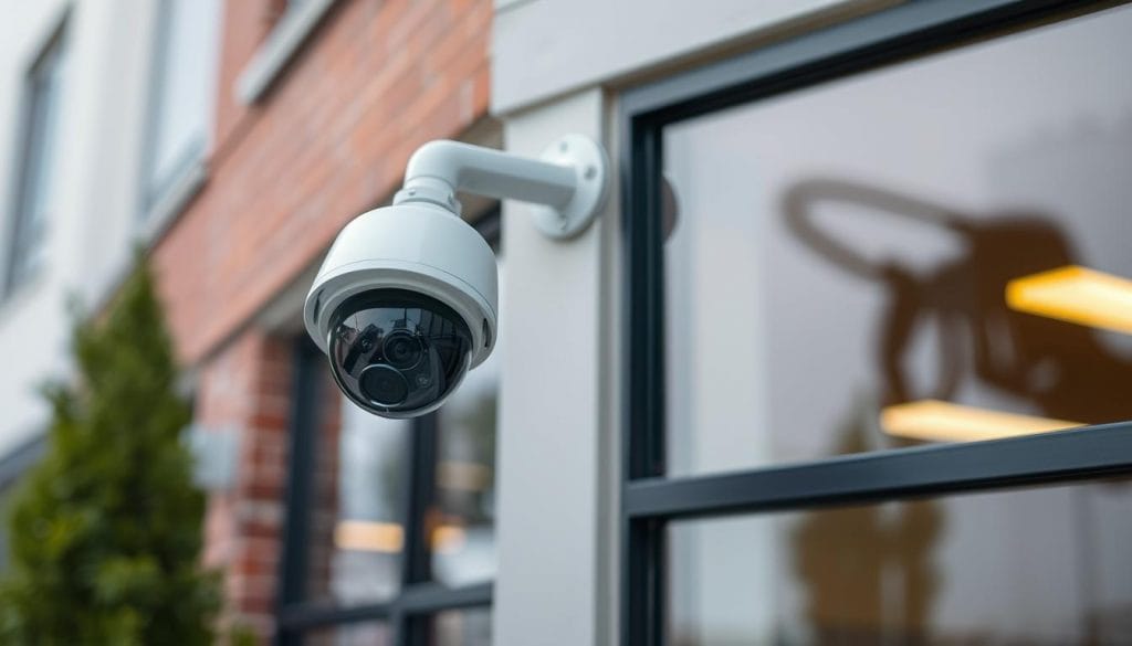 IP megapixel bullet surveillance camera mounted on exterior of Texas business