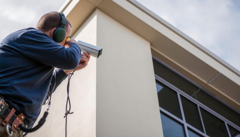 Professional installation of thermal imaging surveillance cameras at Houston business