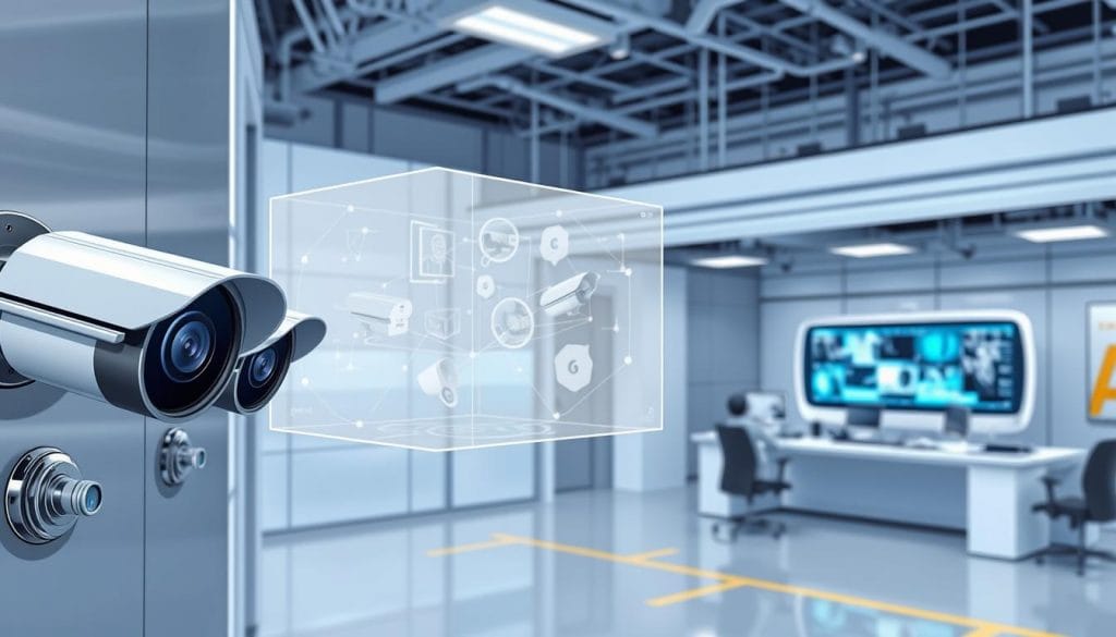 A modern, high-tech surveillance system with a sleek, minimalist design. In the foreground, a row of Texas Surveillance & Security cameras mounted on a chrome-accented panel, their lenses focused and ready to capture every detail. The middle ground features a holographic display showing real-time footage from multiple angles, analyzed by advanced AI algorithms. In the background, a clean, futuristic control room with large, curved displays and a team of operators monitoring the system, ensuring the safety and security of the industrial facility.