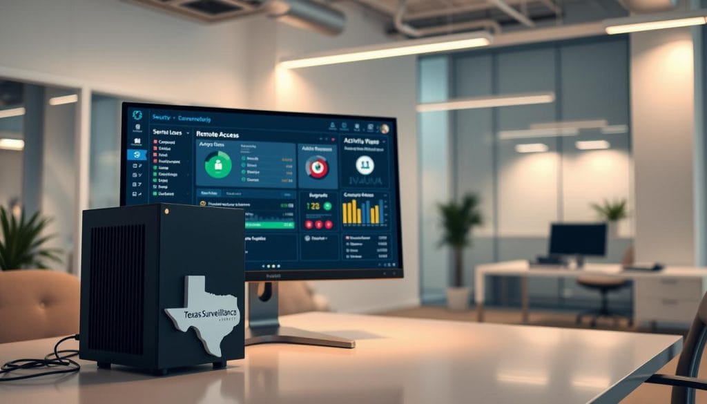 A large, high-tech computer monitor displays a dashboard of remote access monitoring tools, including security logs, activity reports, and real-time connection statuses. In the foreground, a stylish Texas Surveillance & Security branded desktop PC casts a warm glow, while the background features a clean, minimalist office environment with task lighting and sleek, modern furniture. The overall atmosphere conveys a sense of professionalism, security, and advanced technology, suitable for a business offering secure remote access solutions.