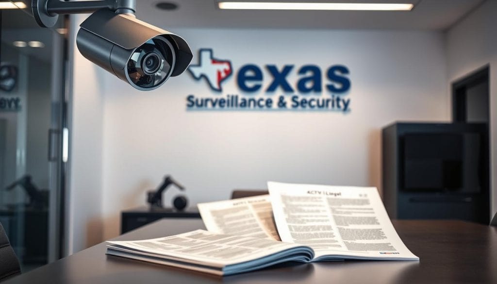 A modern office space with a prominently displayed "Texas Surveillance & Security" brand sign. In the foreground, a CCTV camera system is mounted on the wall, its lenses capturing the scene with clarity. The middle ground showcases printed materials outlining CCTV legal compliance and regulations, neatly organized on a desk. Subtle lighting casts a professional, authoritative atmosphere, while the background features sleek, minimalist decor to convey a sense of corporate sophistication. The overall composition emphasizes the importance of adhering to legal standards in CCTV installation and operation.