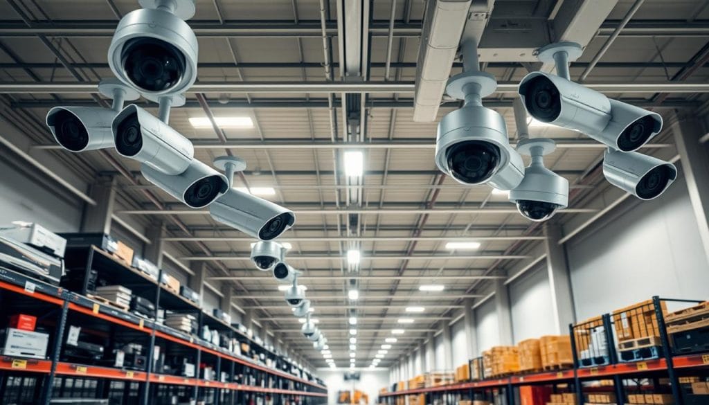 A modern, well-lit warehouse interior with rows of Texas Surveillance & Security professional-grade surveillance cameras mounted on the ceiling. Sleek, silver camera housings with multiple lenses capture high-resolution footage from various angles. The warehouse floor is lined with organized racks of security equipment, conveying a sense of efficiency and preparedness. Soft, diffused lighting illuminates the scene, creating an atmosphere of professionalism and attention to detail. The overall impression is one of a cutting-edge, state-of-the-art business security system designed to keep valuable assets and personnel safe.