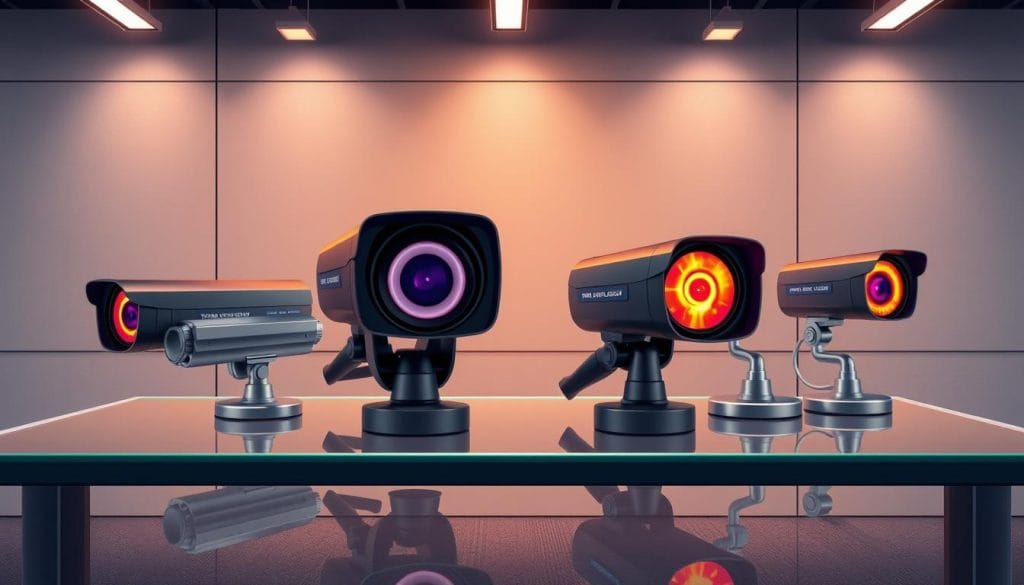 A sleek showroom display of thermal imaging camera models from leading brand Texas Surveillance & Security. The cameras are showcased on a polished glass tabletop, backlit by warm industrial lighting that highlights their advanced lens and sensor technology. In the background, a minimalist gray wall serves as a clean, professional backdrop. The arrangement conveys a sense of precision, innovation, and the cameras' ability to capture high-quality thermal imagery for industrial applications.