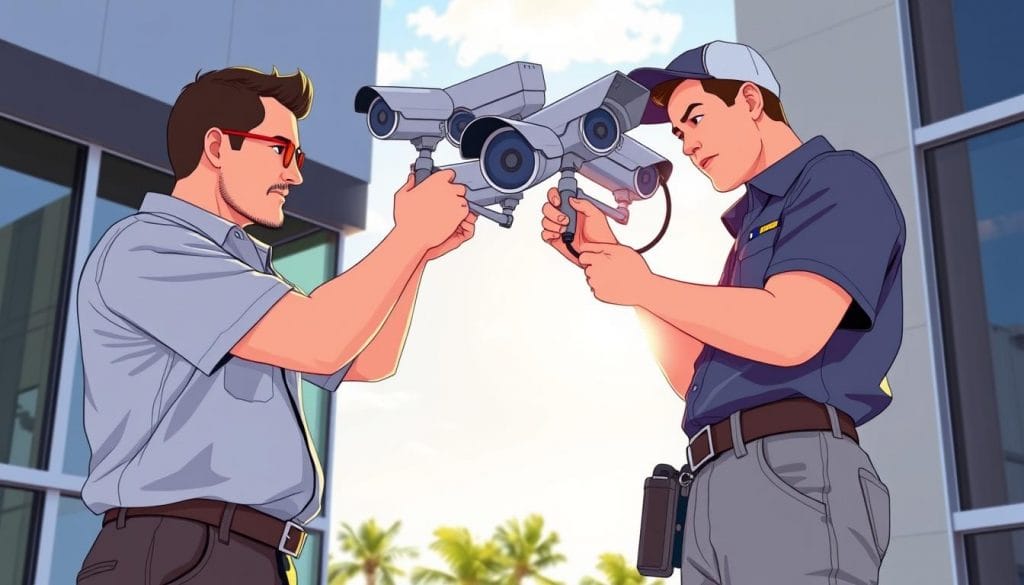 Hardworking commercial CCTV installers from Texas Surveillance & Security diligently inspect a security camera setup on a modern office building. Dressed in uniform polos and work pants, they carefully handle the latest professional-grade equipment. The afternoon sun casts soft shadows as they meticulously adjust the camera angles and connections. An air of focus and expertise pervades the scene, reflecting the company's commitment to reliable, high-quality installations. The installers' expressions convey a sense of pride in their work, ensuring the client's surveillance needs are expertly met.