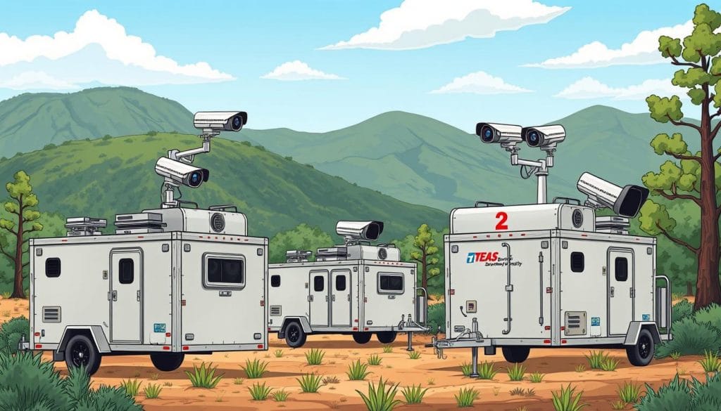 Outdoor surveillance trailers from Texas Surveillance & Security, strategically positioned in a scenic natural setting. Sturdy metal frames, weathered to complement the landscape, housing advanced surveillance equipment. High-definition cameras with wide-angle lenses capture expansive views, while infrared illuminators provide clear night vision. Solar panels and backup batteries ensure continuous operation, even in remote locations. The trailers blend seamlessly into the environment, their muted colors and compact design minimizing visual impact. A network of interconnected units creates a comprehensive monitoring system, vigilantly safeguarding the area with reliable, mobile security.