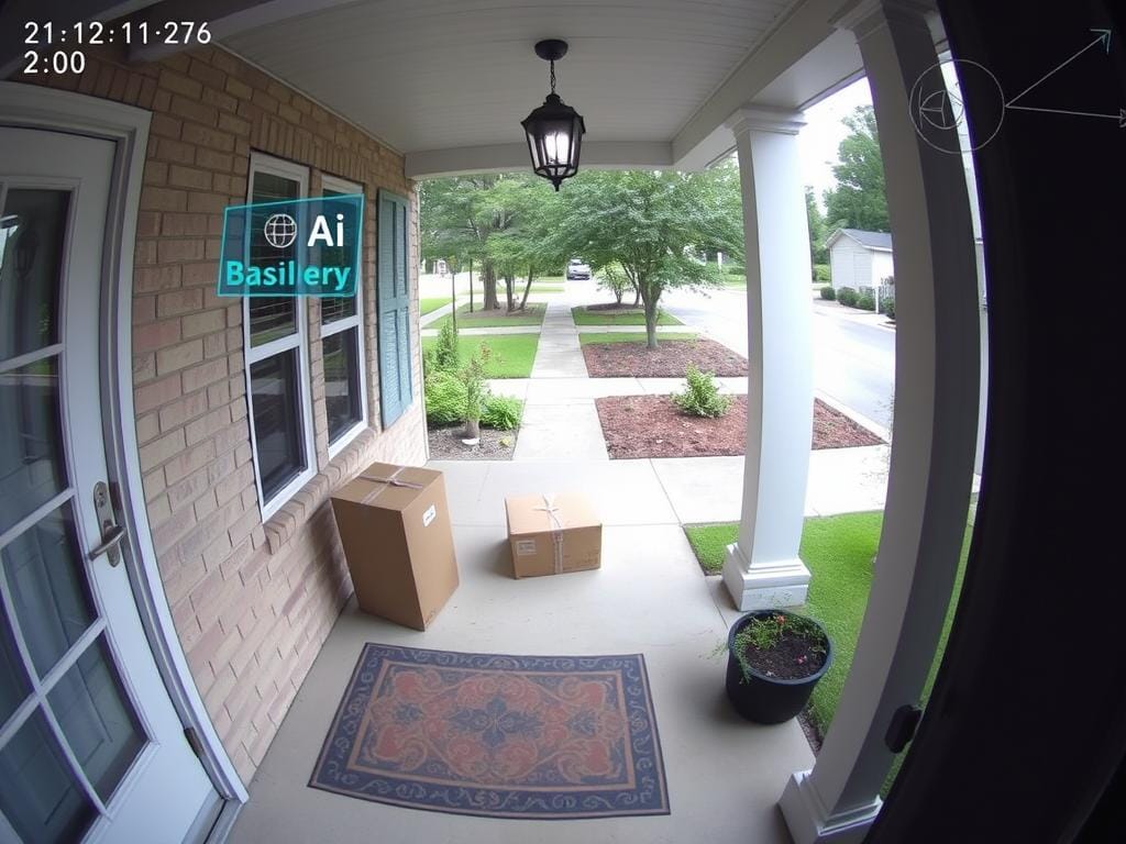 AI surveillance camera detecting package delivery and monitoring for theft prevention