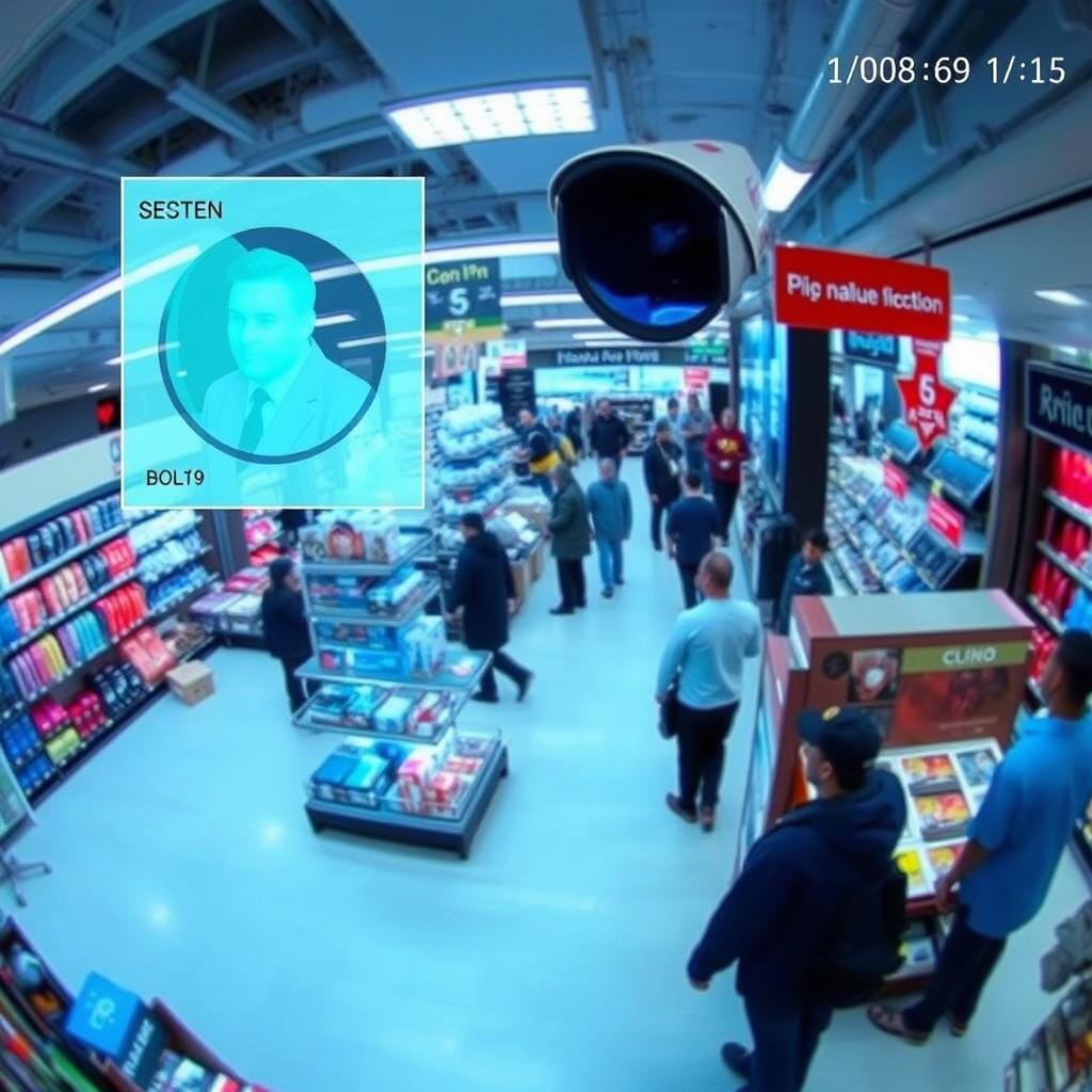 AI surveillance camera detecting suspicious behavior in a Houston retail store