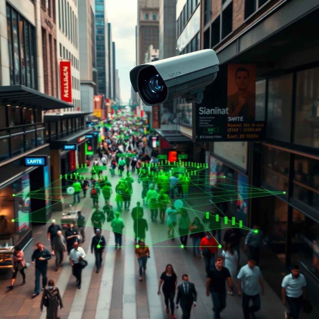 AI surveillance camera monitoring a busy Houston commercial district with crowd analysis
