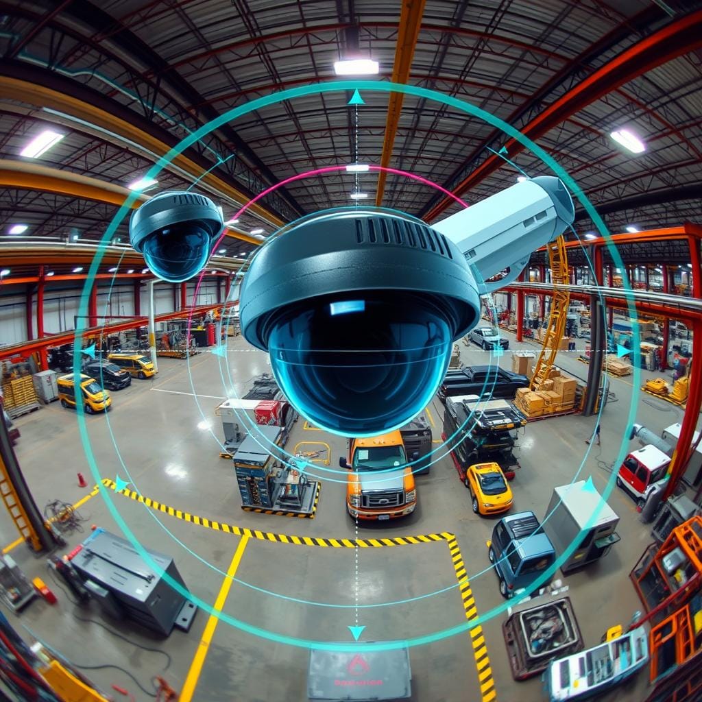 AI surveillance camera monitoring an industrial facility in Houston with perimeter security