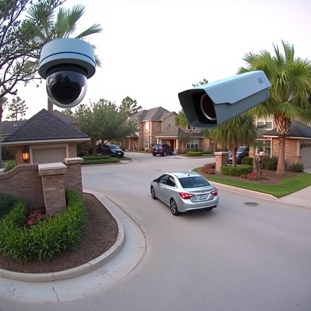 AI surveillance camera monitoring entrance to a Houston residential community