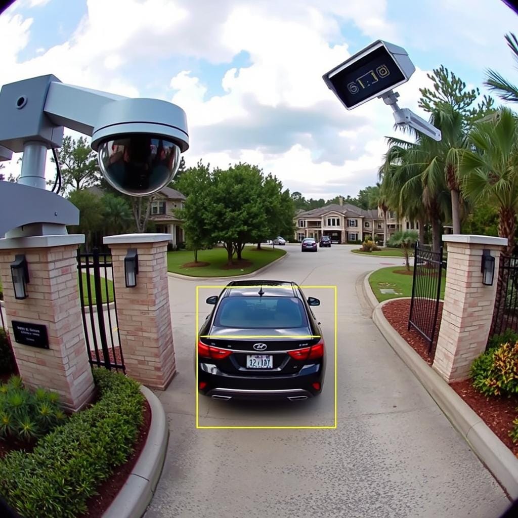 AI surveillance camera with vehicle recognition at a Houston residential community entrance