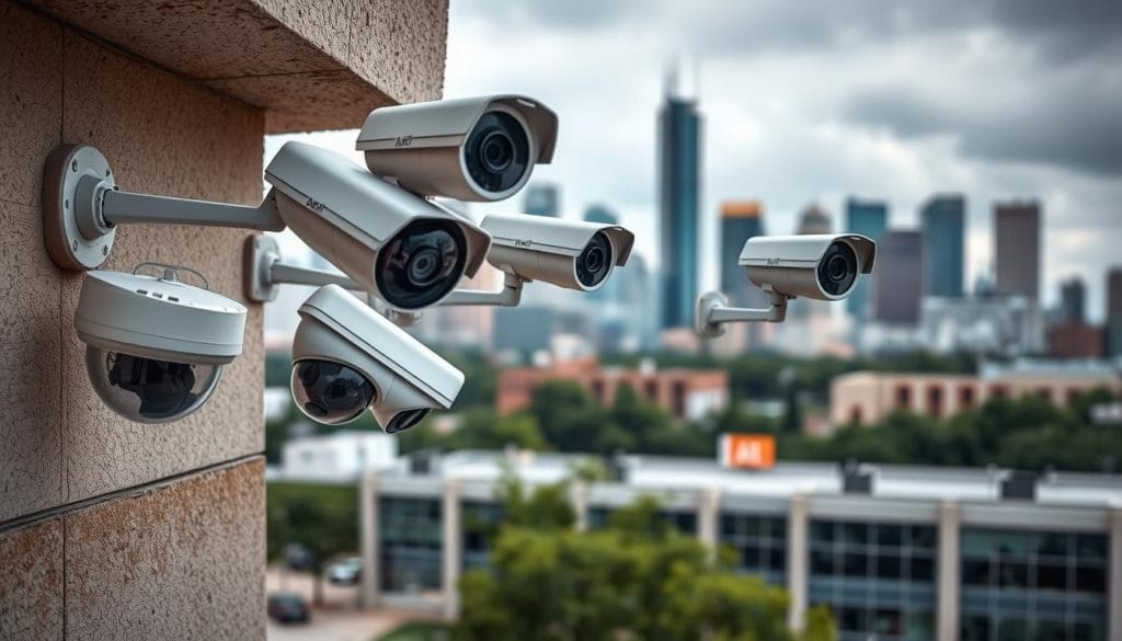AI surveillance cameras installed at a Houston property with weather-resistant features