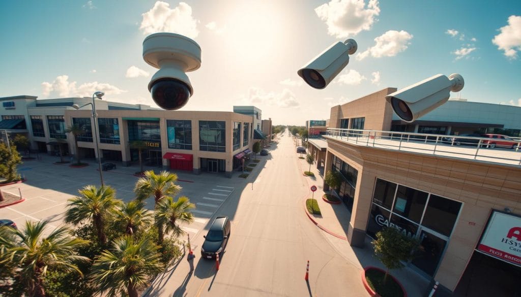 Houston business protected by AI surveillance cameras with visible security features