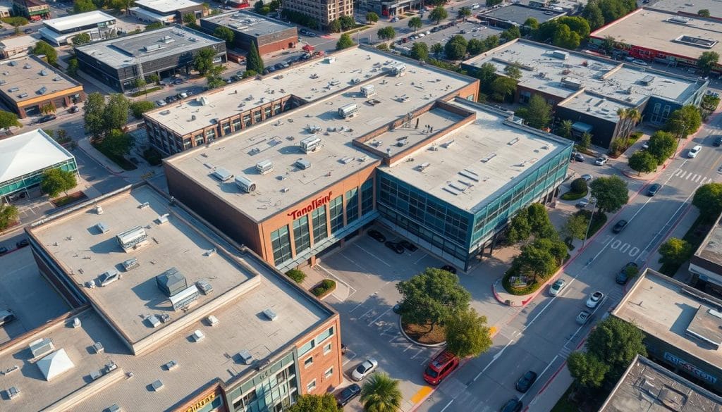 Multiple AI surveillance cameras monitoring different areas of a Houston commercial complex
