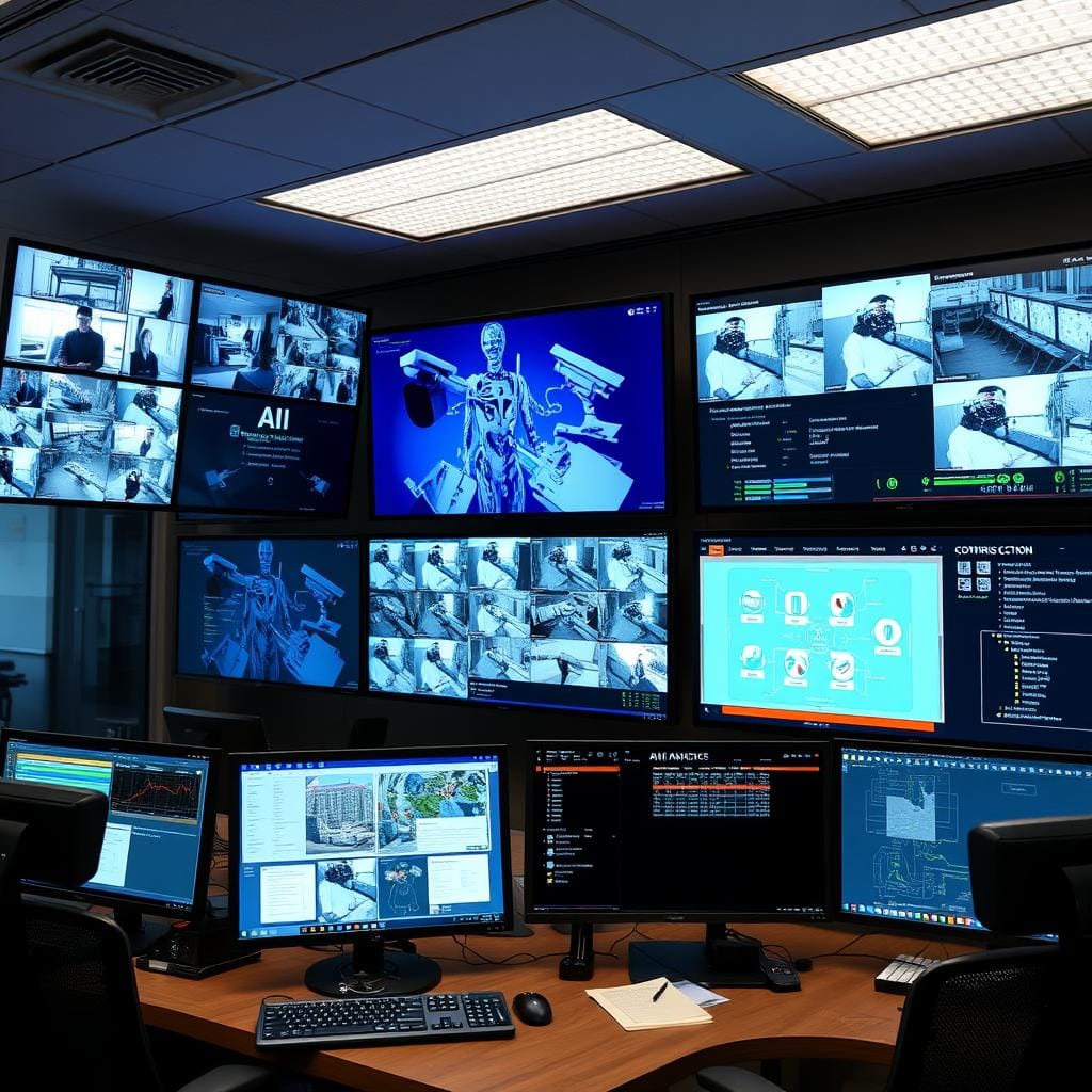 Security control center showing integrated AI surveillance with other security systems