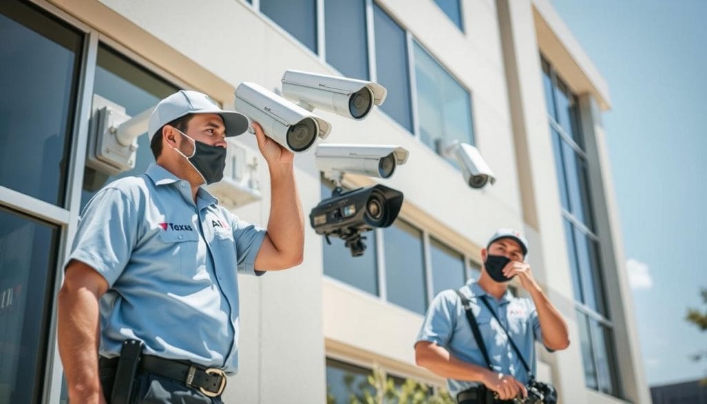 Texas Surveillance & Security technicians installing AI surveillance cameras at a Houston property