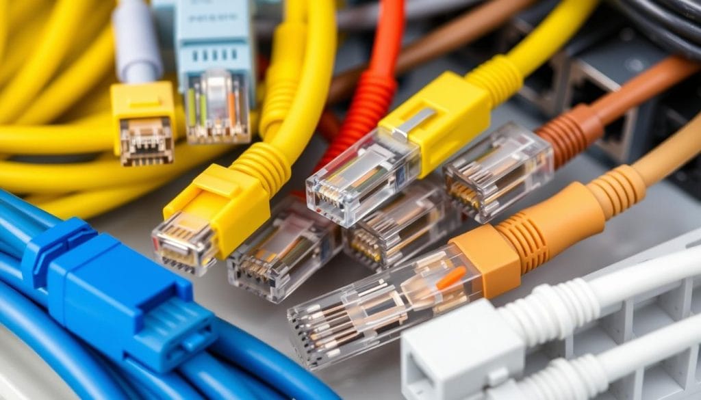 Various types of network cables and connectors for data drops