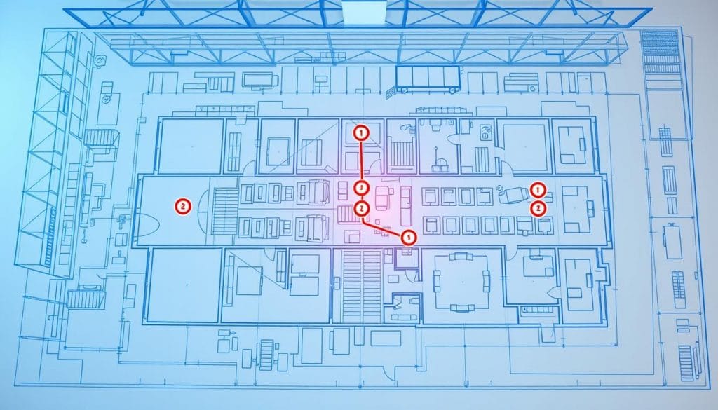 Warehouse floor plan with marked data drop locations